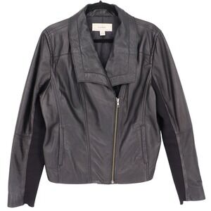 Caslon Leather Moto Jacket Womens Size XL Black Ribbed Sides Zip Front Biker